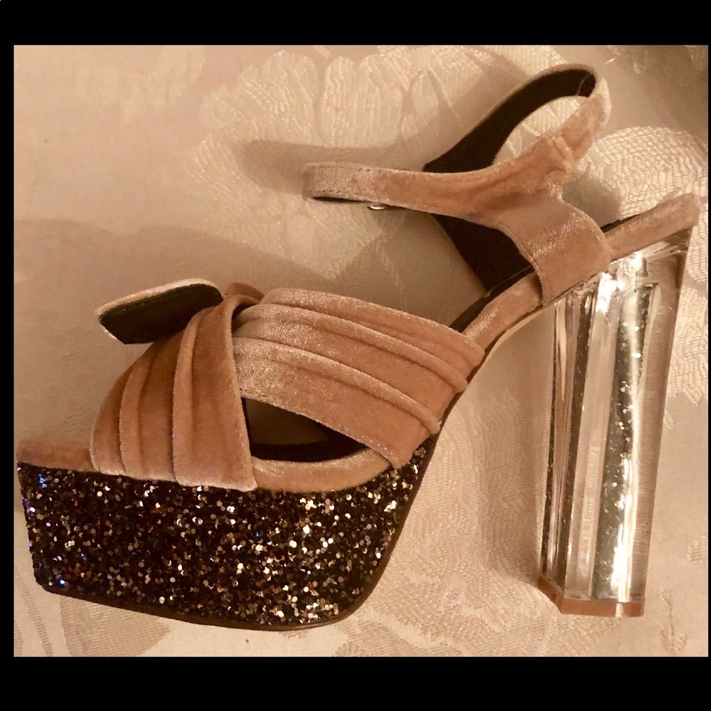 VELVET BOW GLITTER PLATFORM/LUCITE GLITTER HEEL - Picture 7 of 7